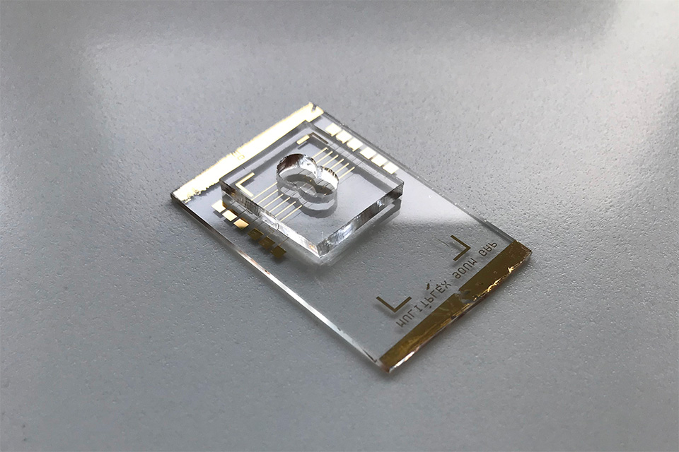 ©HZDR/S. Bojorquez: Bild des kompletten Sensors mit einer PDMS-Vertiefung von 100 μl Volumen für die Tropfenprüfung. Die gewünschte Flüssigkeitsprobe wird in die Vertiefung gegeben und inkubiert.